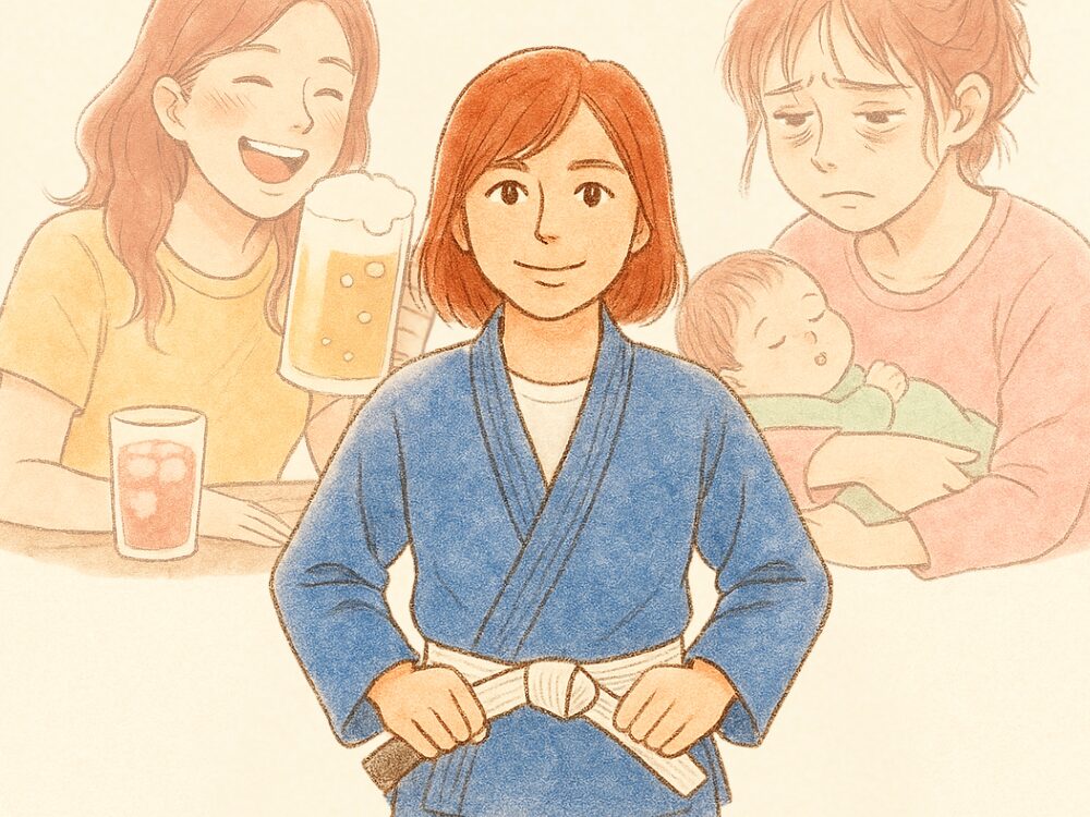 20代はお酒が生きがい、30代は妊娠出産で体調不良に苦しみ、40代で柔術に出会って道着を着る女性の姿を描いたイラスト