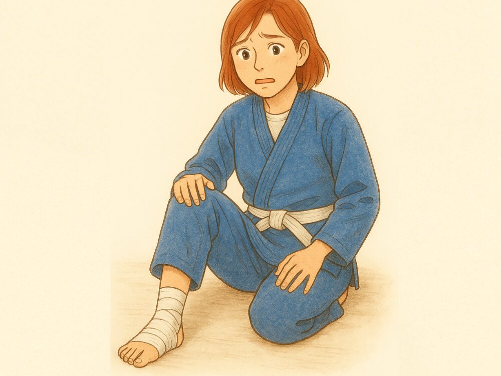 アキレス腱断裂からの復帰を目指し、青い柔術着に白帯を締める40代女性。柔術で自己肯定感や健康を取り戻す様子を描いたイラスト