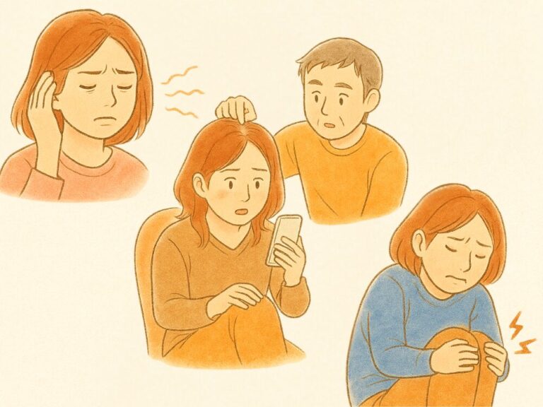 ストレスで円形脱毛症になった女性、膝の痛みに悩む女性、突発性難聴で耳を押さえる女性を描いたイラスト。心身の不調を経験した主婦の姿を表現。