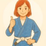 青い柔術着を着て、左手を腰に当て、右手で親指を立てて笑顔を見せる女性のイラスト。ポジティブで元気な印象のプロフィール用イメージ