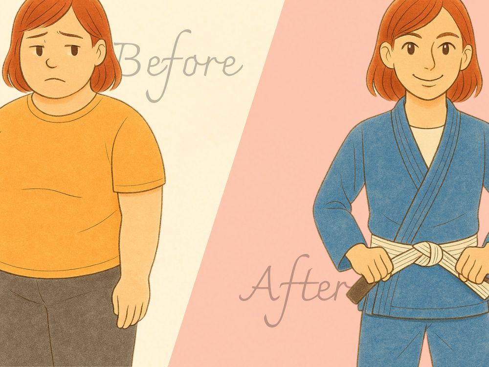 ブラジリアン柔術で体が引き締まった40代女性のビフォーアフター。左は普段着で少しぽっちゃり自信なさそうな過去、右は青い柔術着で引き締まった体と笑顔が印象的な現在を描いた手描き風イラスト