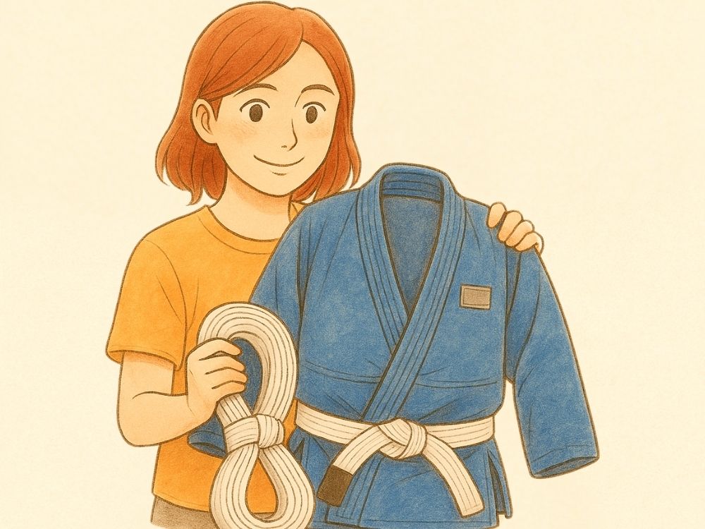柔術の道着選びに悩む女性。サイズ、メーカーごとの違い、色の選択など道着購入のポイントをイメージしたイラスト