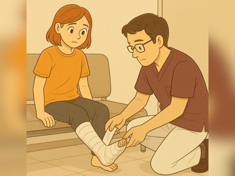 アキレス腱断裂の治療で男性施術者に包帯を巻いてもらう女性。病院の長椅子に座り、落ち着いた表情で処置を受けている様子を描いたイラスト。