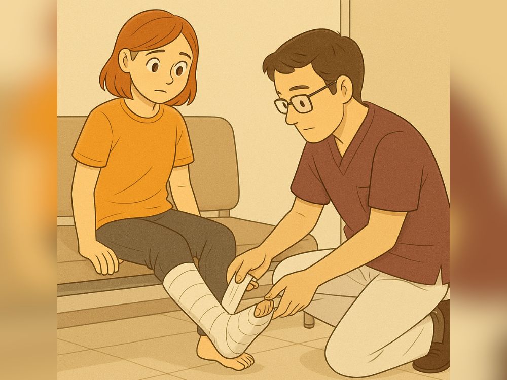 アキレス腱断裂の治療で男性施術者に包帯を巻いてもらう女性。病院の長椅子に座り、落ち着いた表情で処置を受けている様子を描いたイラスト。