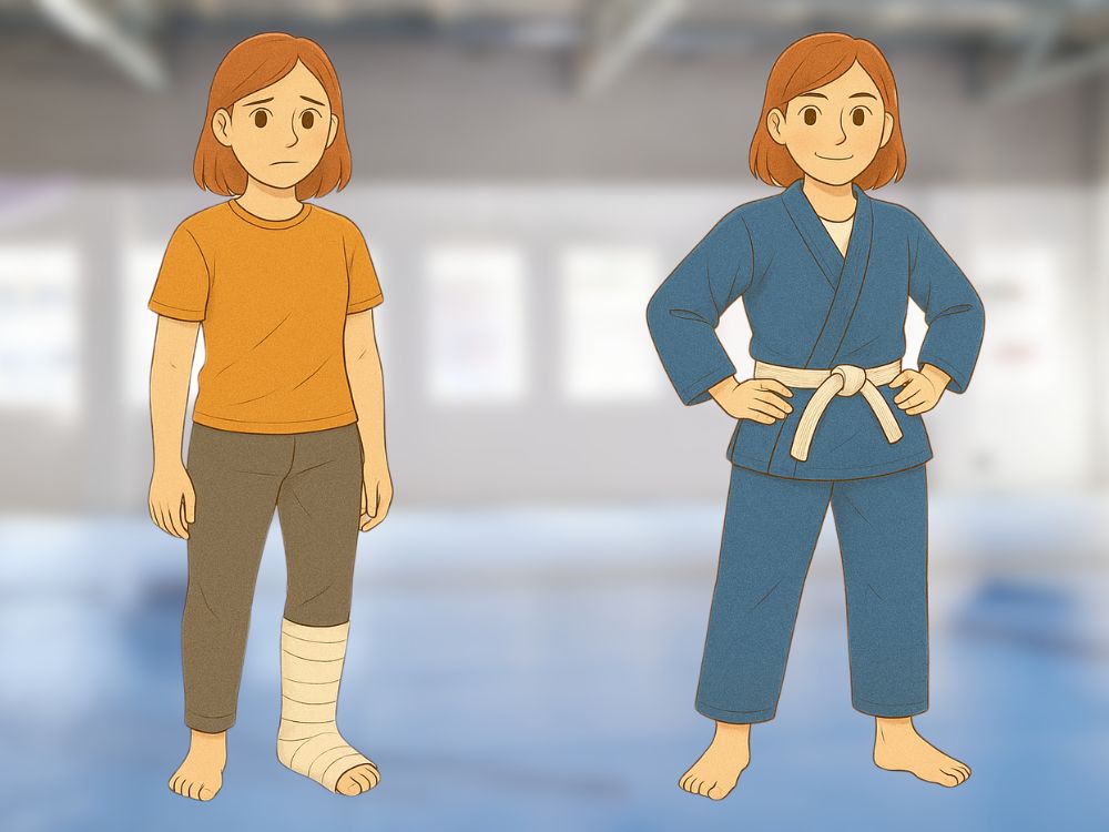 アキレス腱断裂から歩行療法で復帰を目指す女性を描いたイラスト。ギプス生活やリハビリを経て、マットの上に立つ姿をイメージ。