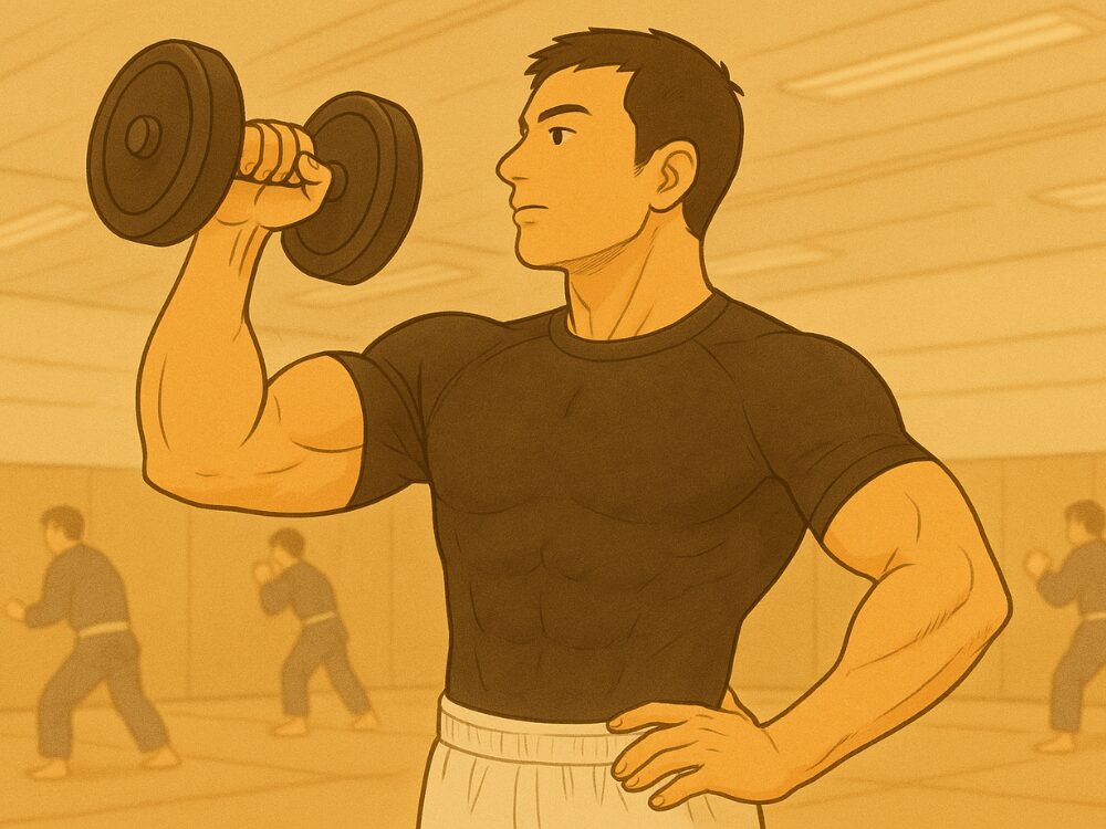 柔術ジムのマット上で、黒のラッシュガードを着たインストラクターがダンベルで筋トレをしている様子。
背中や腕の筋肉がくっきりと浮かび上がり、真剣な表情でトレーニングしている。背景には他の練習生たちが柔術の稽古をしている。