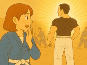 青い道着に白帯を締めた女性が、黒帯の男性インストラクターの筋肉質な背中を見上げて感動している柔術ジムのイラスト。温かいセピア調の色合いで、女性の表情は尊敬と驚きが入り混じっている。