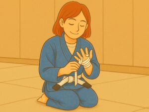 柔術ジムのマットの上で正座しながら、自分の指にテーピングを巻いている女性。青い道着に白帯を締め、落ち着いた雰囲気の中で集中している様子。背景には柔らかい光が差し込み、練習前の静けさが漂っている。