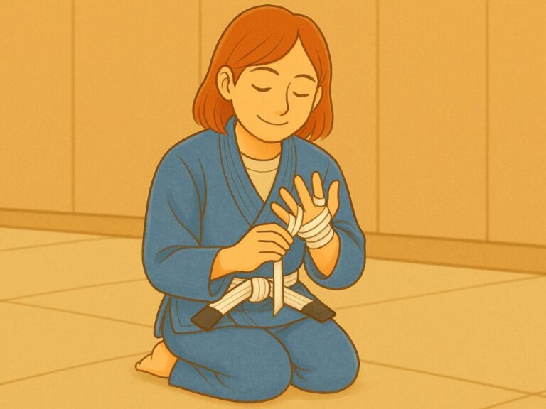 柔術ジムのマットの上で正座しながら、自分の指にテーピングを巻いている女性。青い道着に白帯を締め、落ち着いた雰囲気の中で集中している様子。背景には柔らかい光が差し込み、練習前の静けさが漂っている。