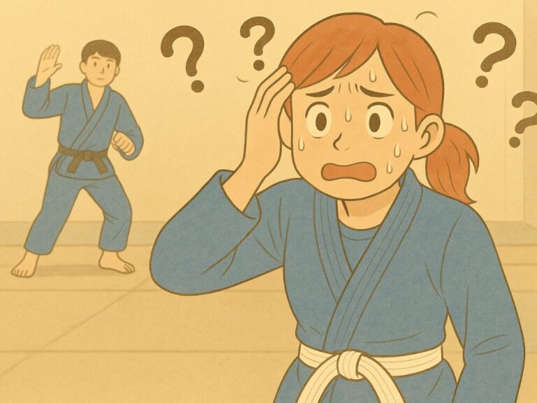 柔術ジムのマットの上で、青い道着と白帯を着た女性が焦った表情で頭を押さえ、「？」を浮かべて技を思い出そうとしている様子。背景には技をデモする男性が立っている。