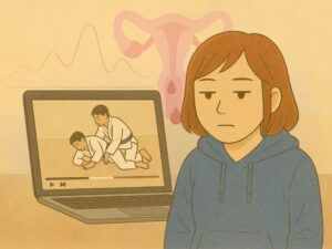 青いパーカーを着た女性が、無表情で柔術のテクニック動画を見ている。背景にはホルモンバランスの波線と子宮のイラストが淡く描かれ、集中できない心身の不調を表現している。