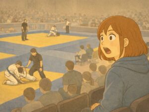 柔術の試合会場で、想像を超える強さに驚いた表情で試合を見つめる女性。青と黄色のマット上では選手が組み合い、観客席から初めての試合観戦に圧倒されている様子が描かれている。