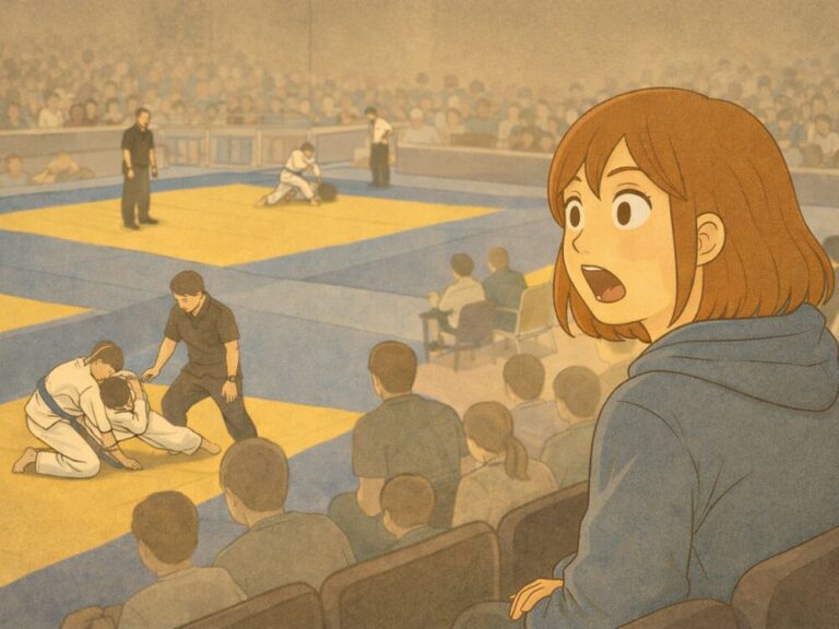柔術の試合会場で、想像を超える強さに驚いた表情で試合を見つめる女性。青と黄色のマット上では選手が組み合い、観客席から初めての試合観戦に圧倒されている様子が描かれている。