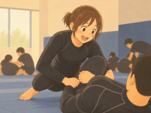 初めてのNO-GIで楽しそうにグラップリングする40代女性